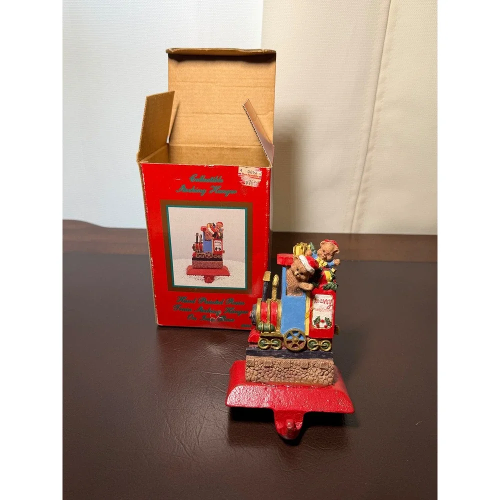 Vintage Christmas Train Teddy Bear Stocking Holder Cast Iron Red Blue Holiday